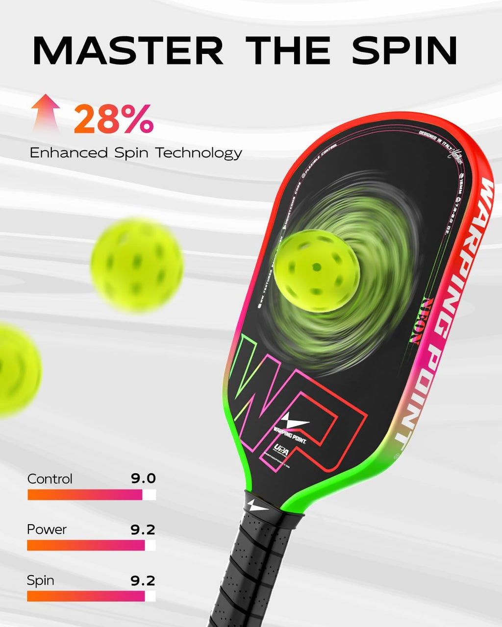 Warping Point Pala de pickleball Neon Gen 3, aprobada por UPA-A, fibra de carbono T700 cruda de triple capa, núcleo EdgeFusion de 16 mm, marco termoformado, giro a nivel de torneo, control y potencia