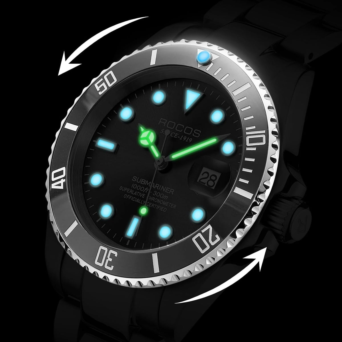 ROCOSJEWE Reloj mecánico automático para hombre, esfera negra, bisel de cerámica, impermeable, pantalla de calendario luminoso, correa ajustable de acero inoxidable, regalos R0158black