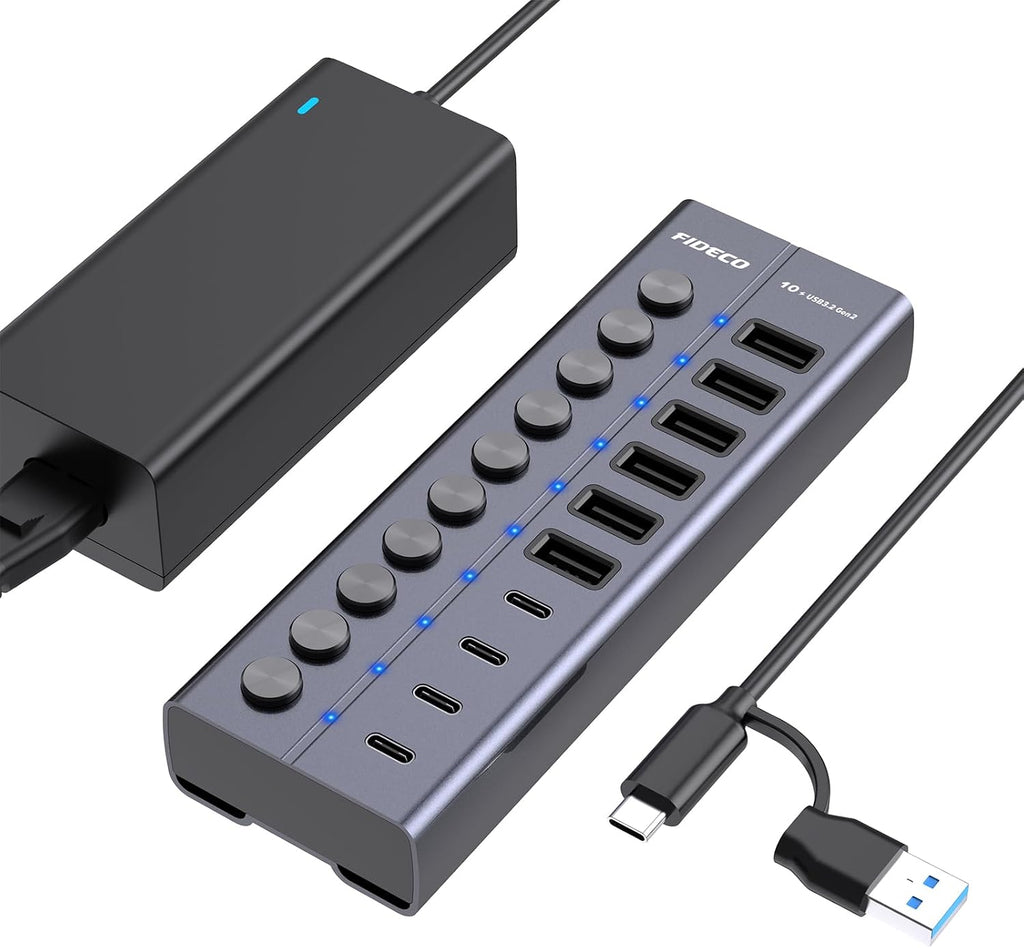 FIDECO, HCA64, hub USB 3.2 de 10 puertos, alimentado