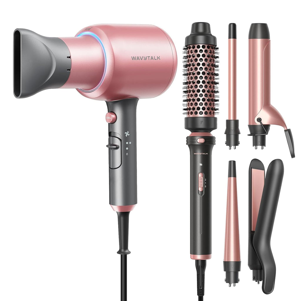 Wavytalk Secador de pelo iónico soplado para cabello rizado con difusor y juego de rizador 5 en 1 con cepillo térmico y 4 varitas rizadoras de cerámica intercambiables (0.5 pies a 1.25 pies)