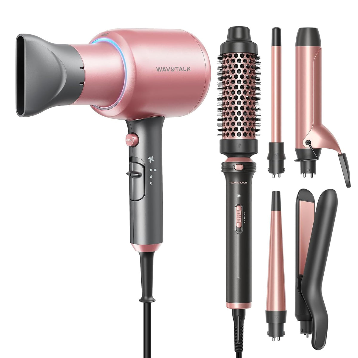 Wavytalk Secador de pelo iónico soplado para cabello rizado con difusor y juego de rizador 5 en 1 con cepillo térmico y 4 varitas rizadoras de cerámica intercambiables (0.5 pies a 1.25 pies)