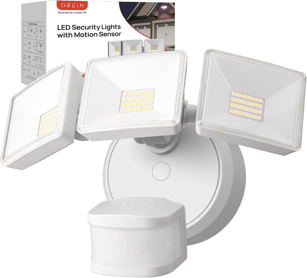OREiN Luz de inundación para exteriores con sensor de movimiento de 42W 6500LM, luz de seguridad LED cableada, 4 modos de iluminación, detección PIR dual de 240°, del atardecer al amanecer