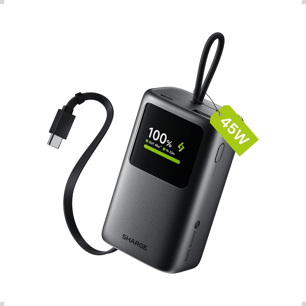 sharge Banco de energía de 45W 10000mAh con cable retráctil incorpo...