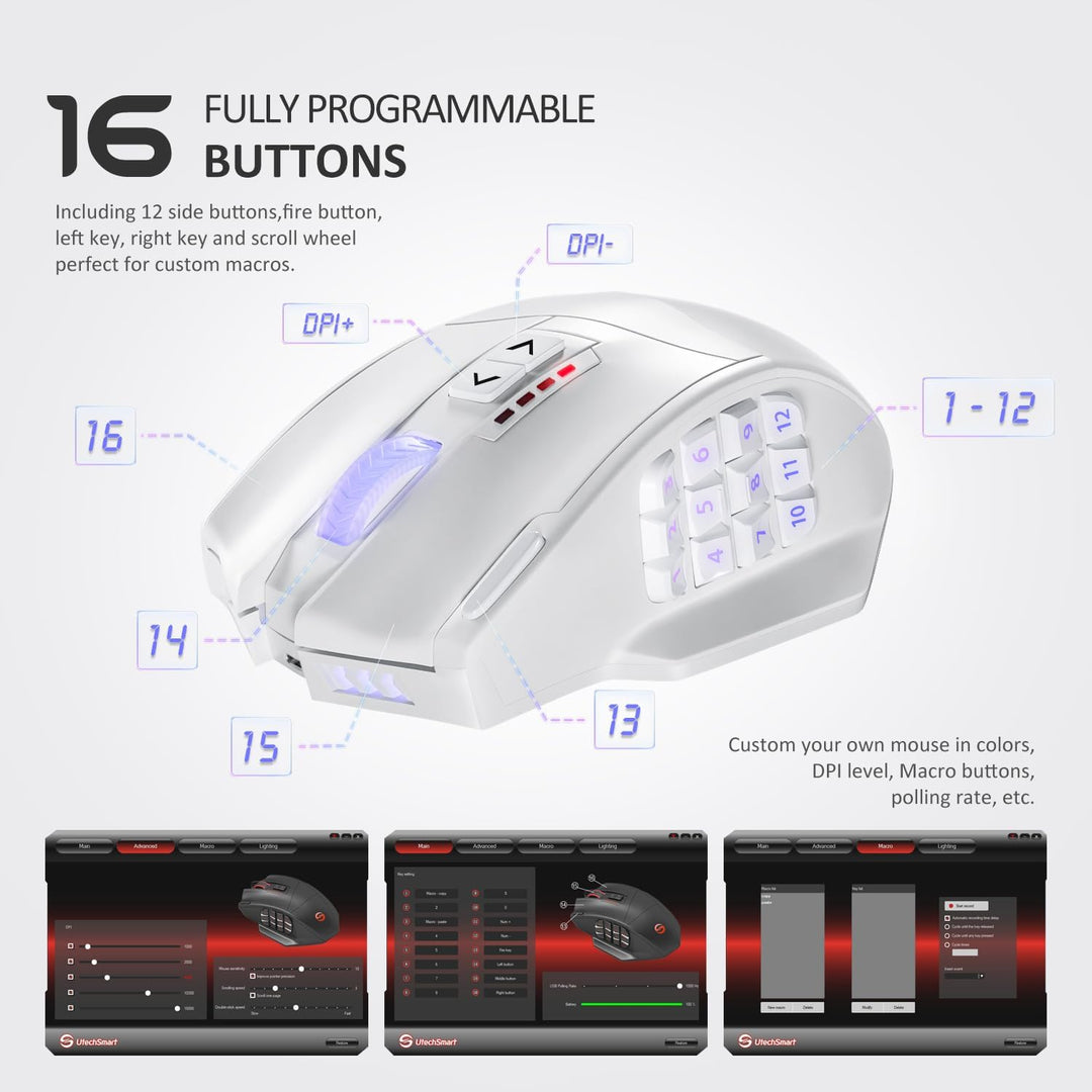 UtechSmart Ratón inalámbrico Venus Pro MMO para juegos, sensor ópti...