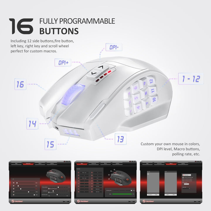 UtechSmart Ratón inalámbrico Venus Pro MMO para juegos, sensor ópti...