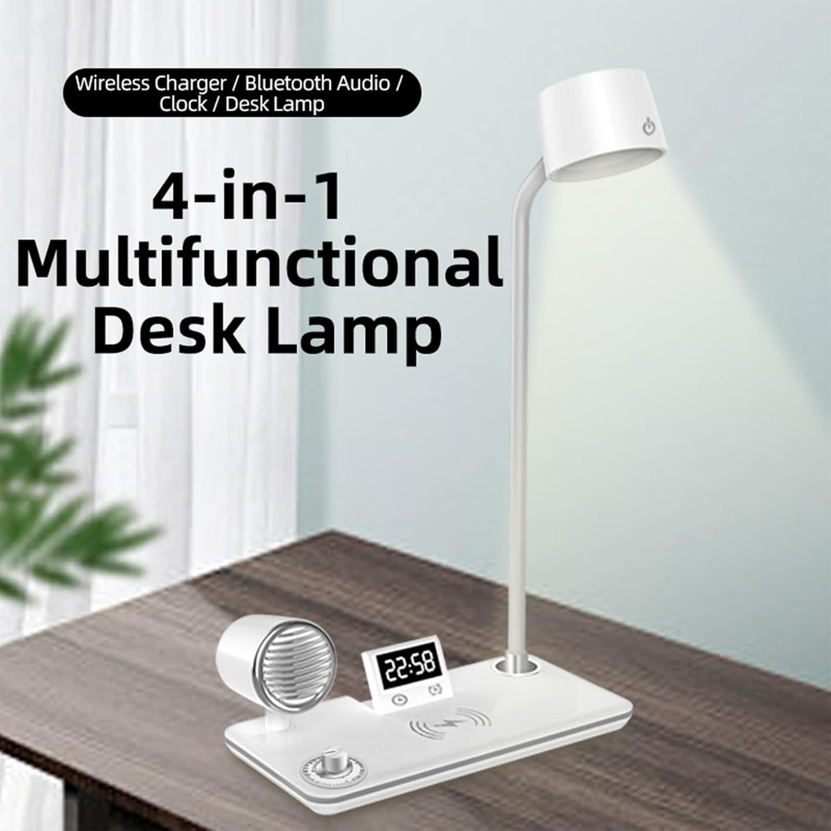 Lámpara Lámpara de noche todo en uno con cargador inalámbrico, reloj digital, altavoz Bluetooth e iluminación ajustable, carga inalámbrica rápida de 15 W, 3 modos de color regulables, cuello de cisne