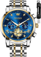 OLEVS Reloj azul para hombre con fase lunar, vestir analógico de acero inoxidable, impermeable, luminoso, fecha, dos tonos, lujo casual, pulsera