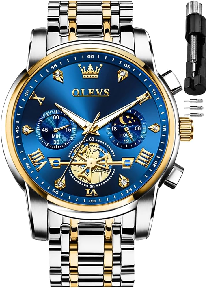 OLEVS Reloj azul para hombre con fase lunar, vestir analógico de acero inoxidable, impermeable, luminoso, fecha, dos tonos, lujo casual, pulsera