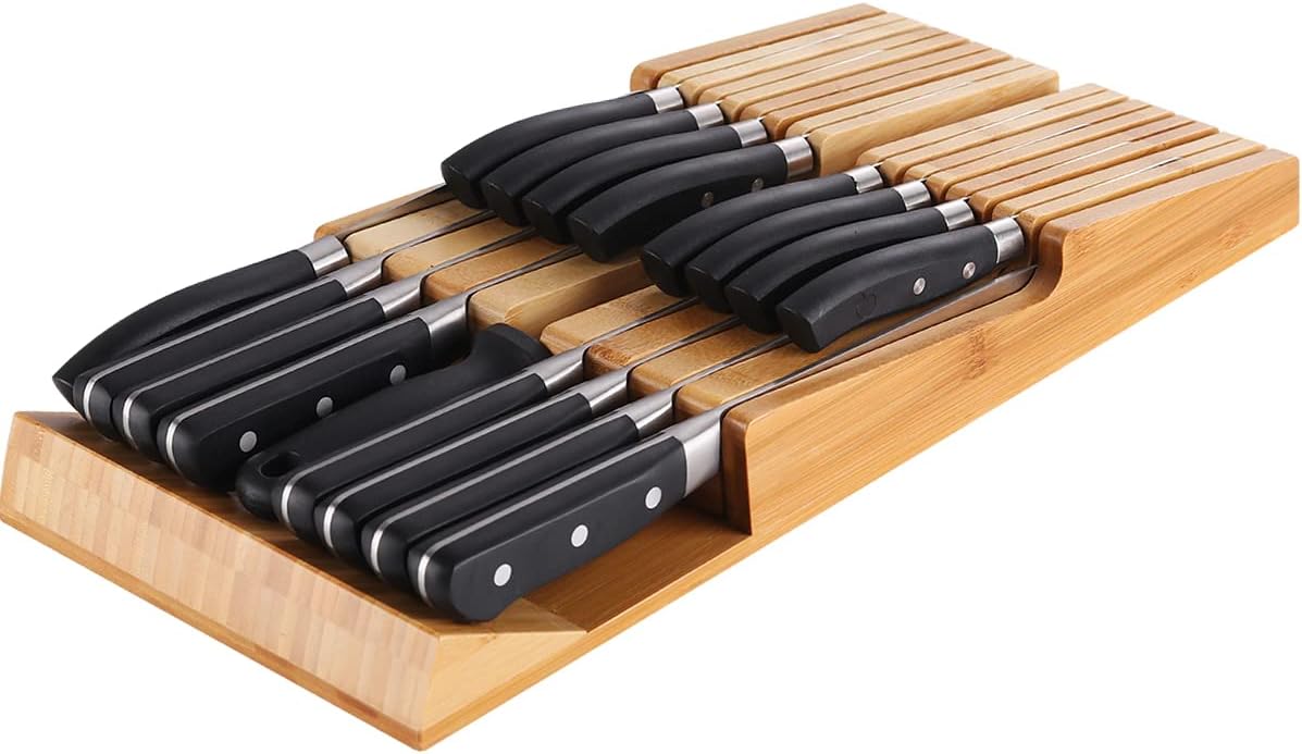 NIUXX Juego de Bloque de Cuchillos de Bambú para Cajón para 16 Cuchillos (No Incluidos), Organizador de Ranuras Grande para Cuchillos Lavable y Desmontable para Afilador de Acero y Cortador de Cocina