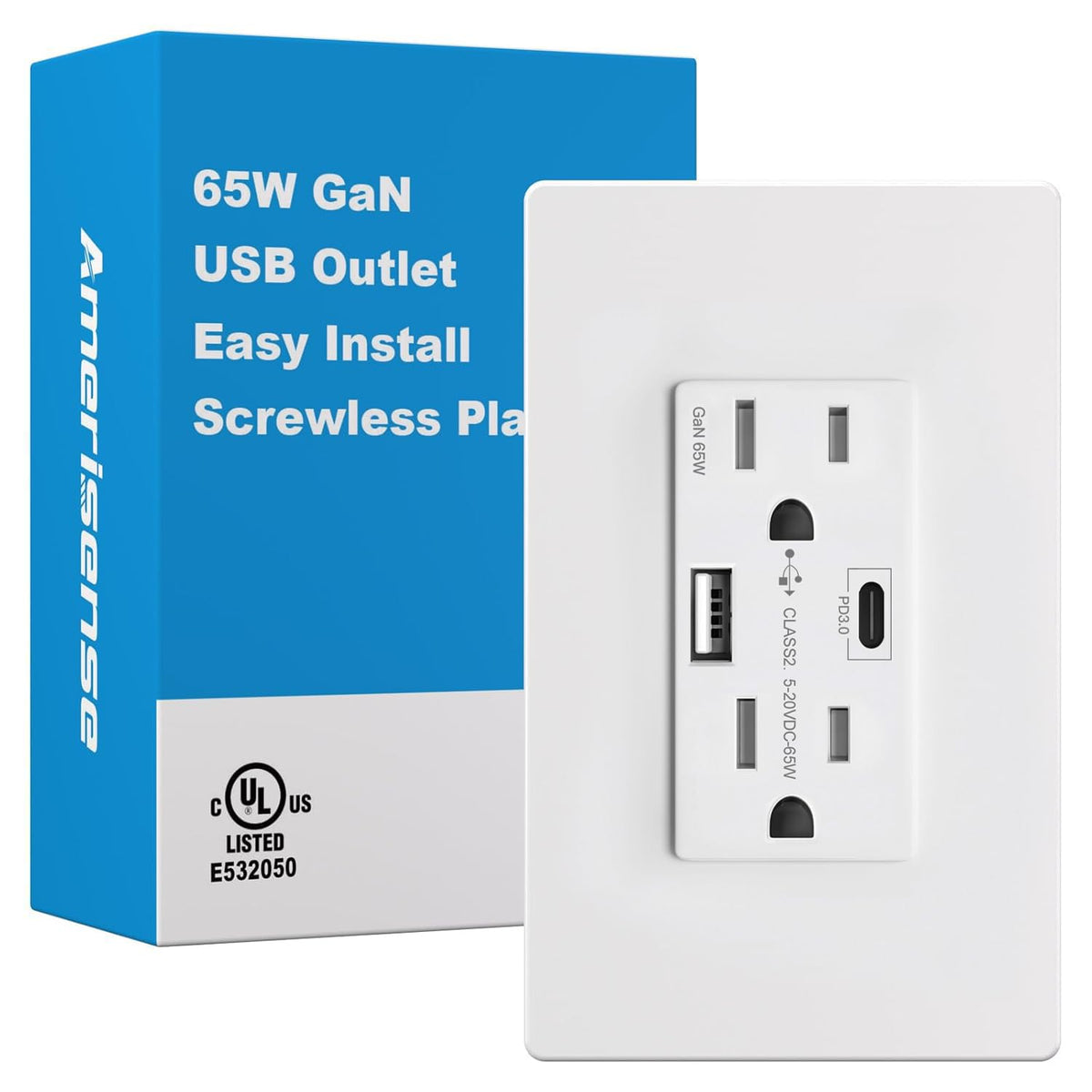 GaN - Toma de pared USB de 65 W, 6 amperios, 2 puertos, receptáculo resistente a manipulaciones de 15 amperios con 1 puerto USB tipo C y 1 puerto tipo A, cargador USB para laptop USB-C/iPhone/LG, certificación UL