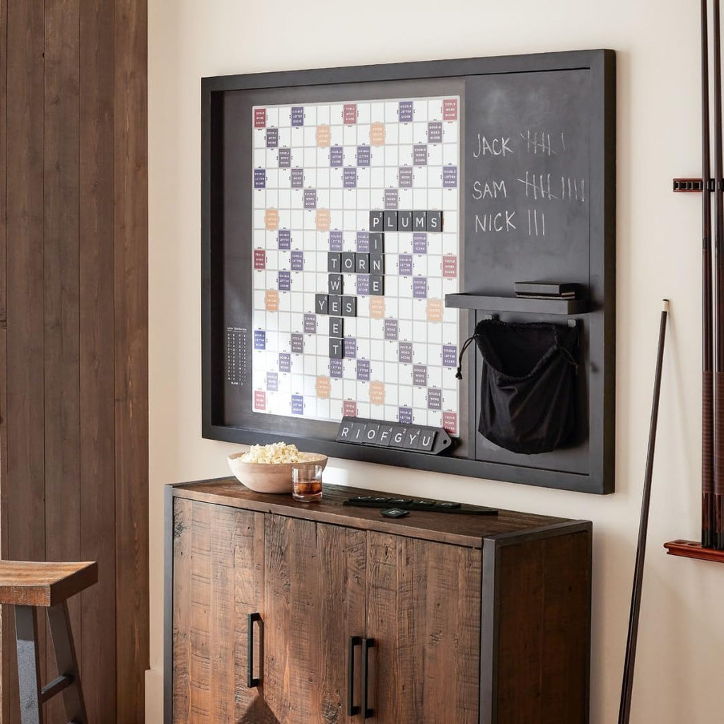 Juego de palabras de madera de gran tamaño para montar en la pared (32 x 24 pulgadas), tablero magnético de azulejos de palabras con pizarra, almacenamiento y azulejos, juego montado en la pared