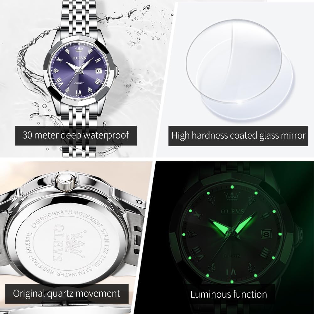 OLEVS Reloj Analógico de Cuarzo para Mujer, Acero Inoxidable Plateado de Dos Tonos, Moda, Resistente al Agua, Luminoso, con Fecha y Día, Relojes de Pulsera para Damas