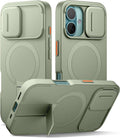 SURITCH Funda para iPhone 16 con cubierta magnética para cámara deslizante y soporte ajustable, compatible con MagSafe, funda protectora delgada a prueba de golpes de 6.1 pulgadas, verde