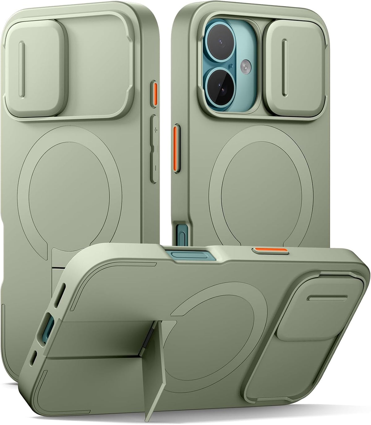 SURITCH Funda para iPhone 16 con cubierta magnética para cámara deslizante y soporte ajustable, compatible con MagSafe, funda protectora delgada a prueba de golpes de 6.1 pulgadas, verde