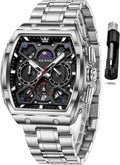 OLEVS Relojes para Hombres Business Dress Chronograph Cuadrado Grande Analógico con Correa de Silicona a prueba de agua con Fecha Regalo para Hombre Reloj de Muñeca Plateado
