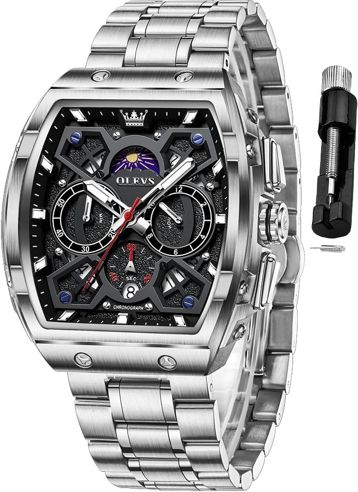 OLEVS Relojes para Hombres Business Dress Chronograph Cuadrado Grande Analógico con Correa de Silicona a prueba de agua con Fecha Regalo para Hombre Reloj de Muñeca Plateado