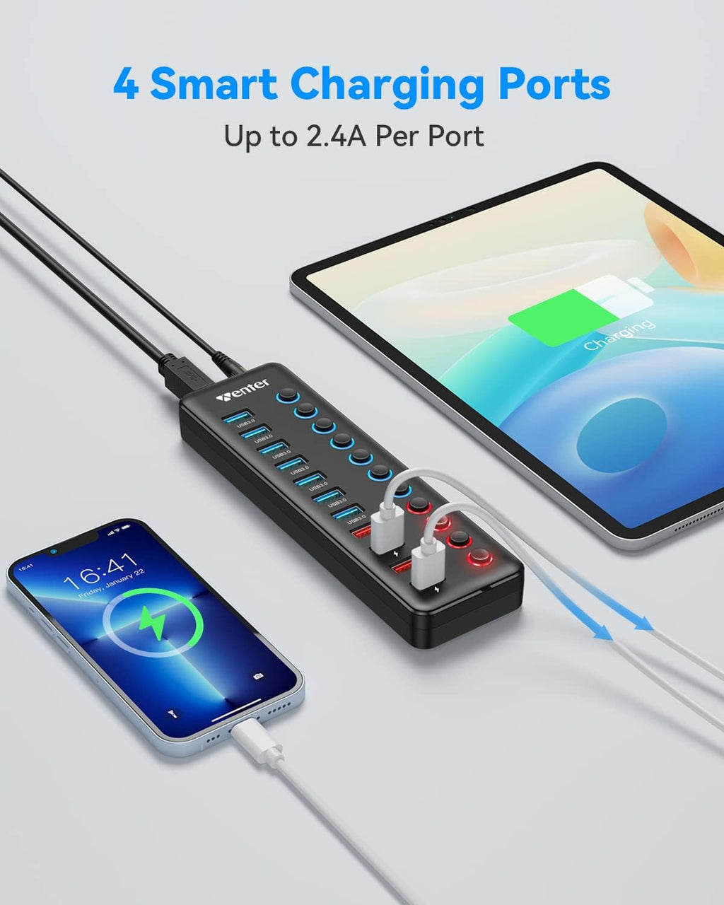WENTER, 7401, hub USB 3.0 de 11 puertos, alimentado, adaptador 12V/3A
