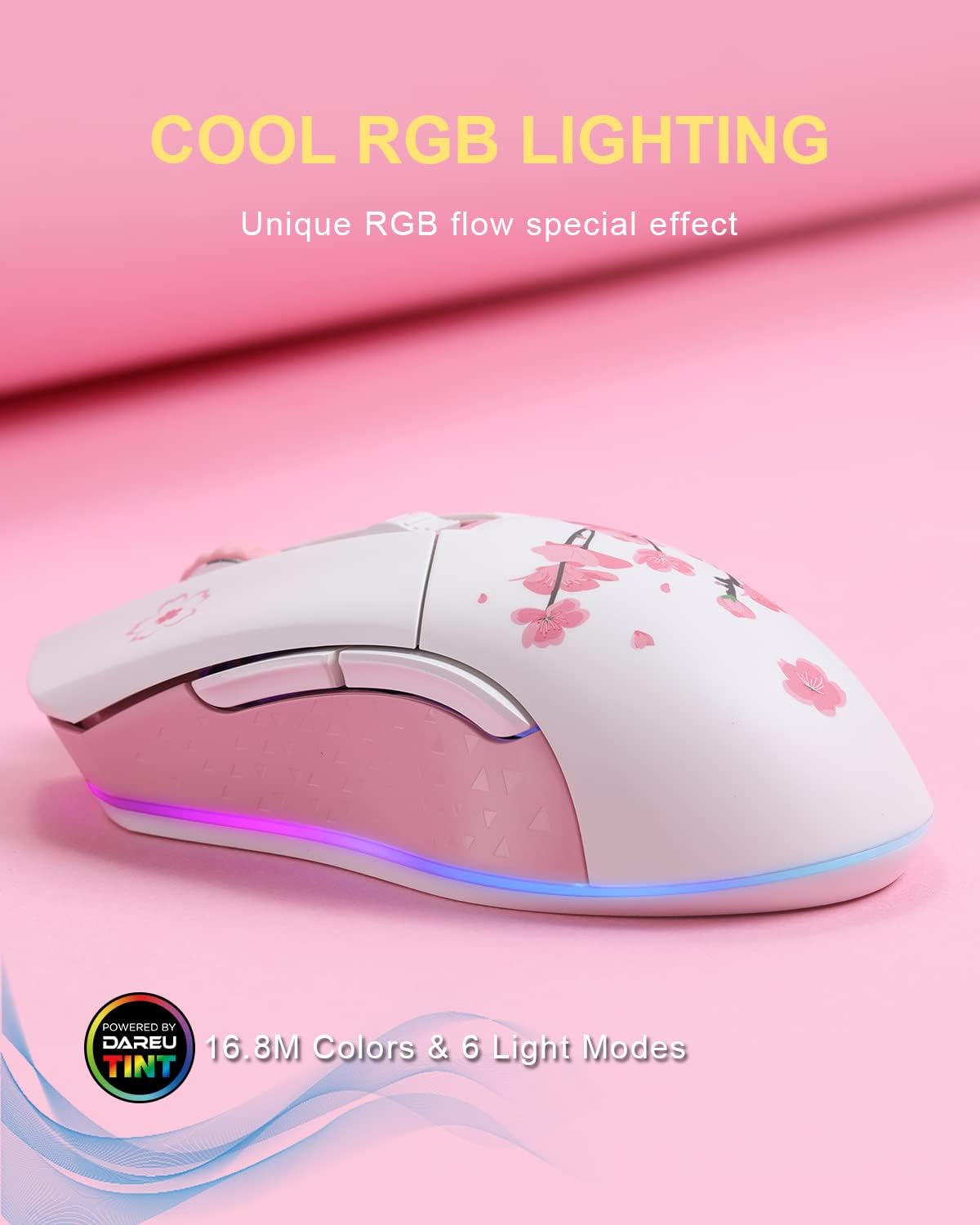 DAREU Sakura Pink - Ratón inalámbrico con cable para juegos, modo d...