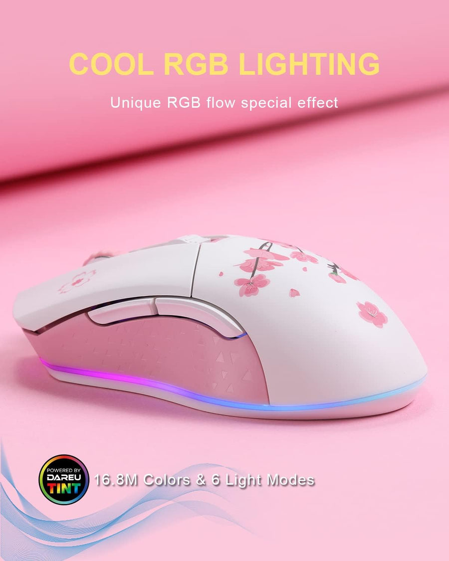 DAREU Sakura Pink - Ratón inalámbrico con cable para juegos, modo d...