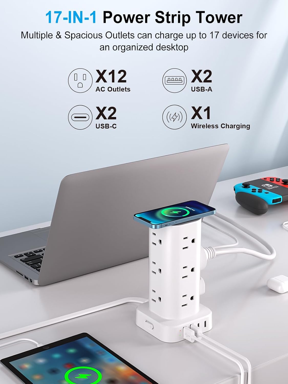Torre de regleta de alimentación con cargador inalámbrico, protector de sobretensiones de enchufe plano con cable de extensión de 6 pies, 12 tomas de corriente alterna, 4 USB (2 USB C), torre de carga