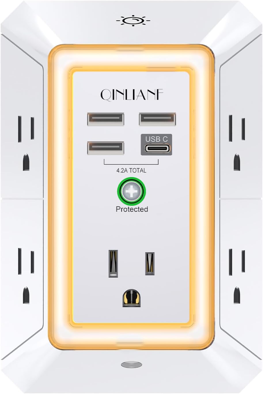 Extensor de Enchufe de 3 Lados con Luz Nocturna - QINLIANF Enchufe Múltiple con 5 Tomas y 4 Puertos USB (1 USB-C), Cargador de Pared USB para Hogar, Oficina, Viajes, Certificado ETL, Blanco