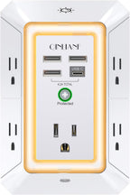Extensor de Enchufe de 3 Lados con Luz Nocturna - QINLIANF Enchufe Múltiple con 5 Tomas y 4 Puertos USB (1 USB-C), Cargador de Pared USB para Hogar, Oficina, Viajes, Certificado ETL, Blanco