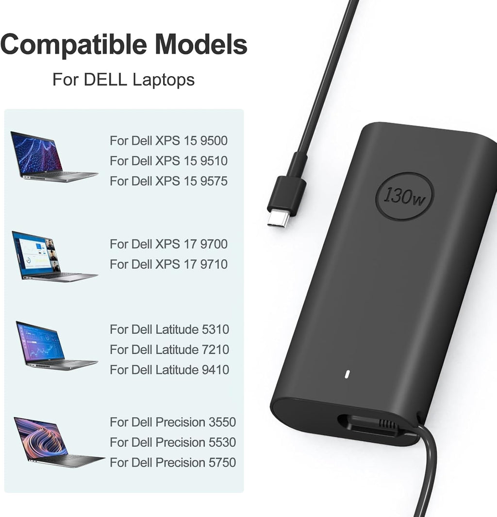 Cargador USB C para portátil de 130 W compatible con Dell XPS 15 17 9575, Precision Chrger 5750 5570 5530 5550 3560 3551 3550, cargador Latitude 5420 5510 7210 7310 7410 9410 9410 9410 0 951 0 - Cable