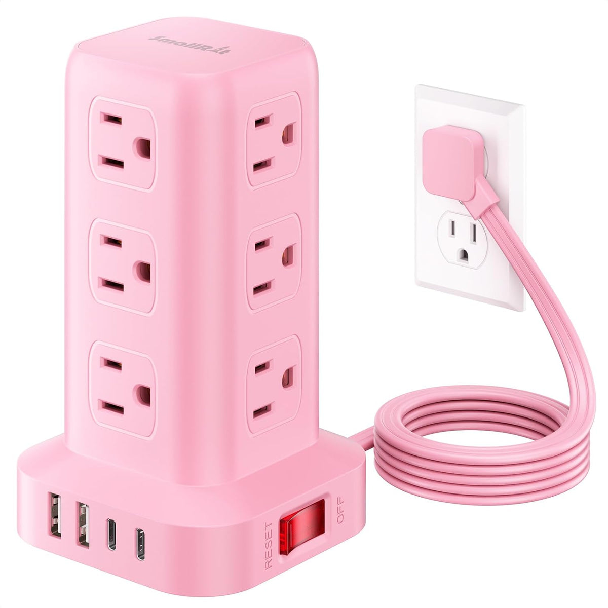SMALLRT - Cable de extensión con múltiples tomas, torre de regleta de alimentación SMALLRT con 12 salidas de CA, 4 USB, cable de extensión de 6.5 pies para el hogar, dormitorio, suministros de oficina