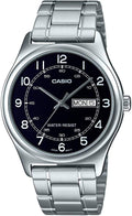 Casio MTP-V006D-1B2 Reloj de vestir analógico de acero inoxidable para hombre con esfera negra y fecha, Blanco, Casual
