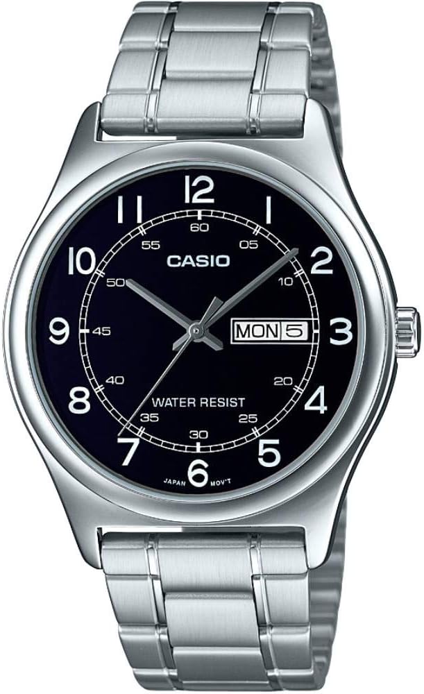 Casio MTP-V006D-1B2 Reloj de vestir analógico de acero inoxidable para hombre con esfera negra y fecha, Blanco, Casual