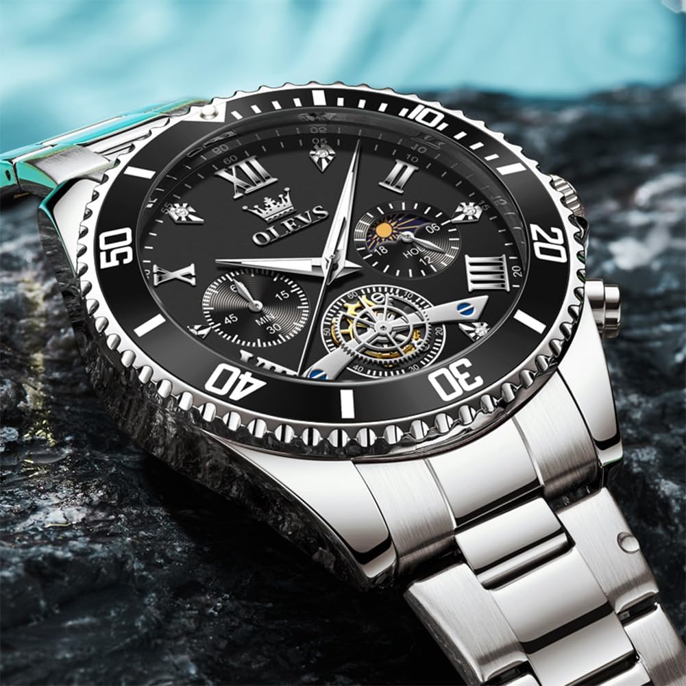 OLEVS Reloj de caballero Cronógrafo de lujo con fases de la luna, dos tonos, acero inoxidable, a prueba de agua, luminiscente, calendario empresarial, reloj de pulsera