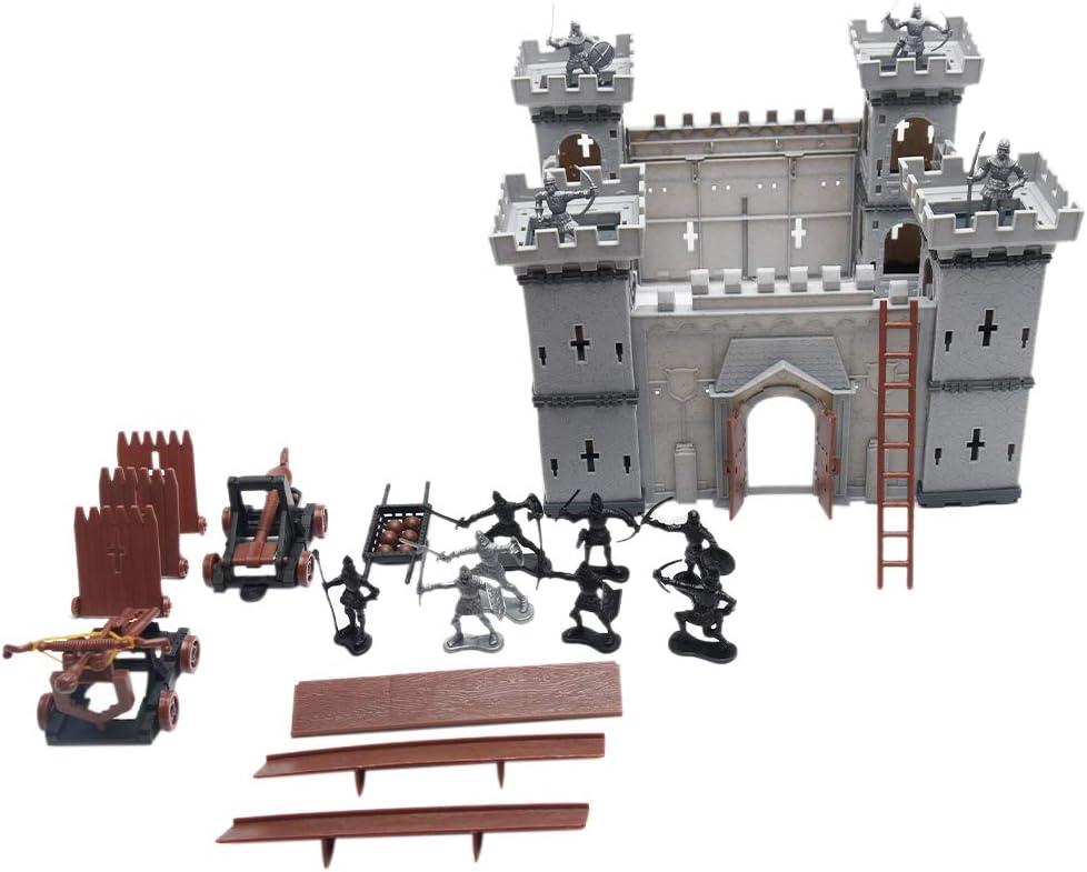 PXRJE Medieval Castle Knights - Figura de acción de juguete del ejército con castillo de montaje, catapulta y carruaje tirado por caballos, ideal para niñas y niños (A1)
