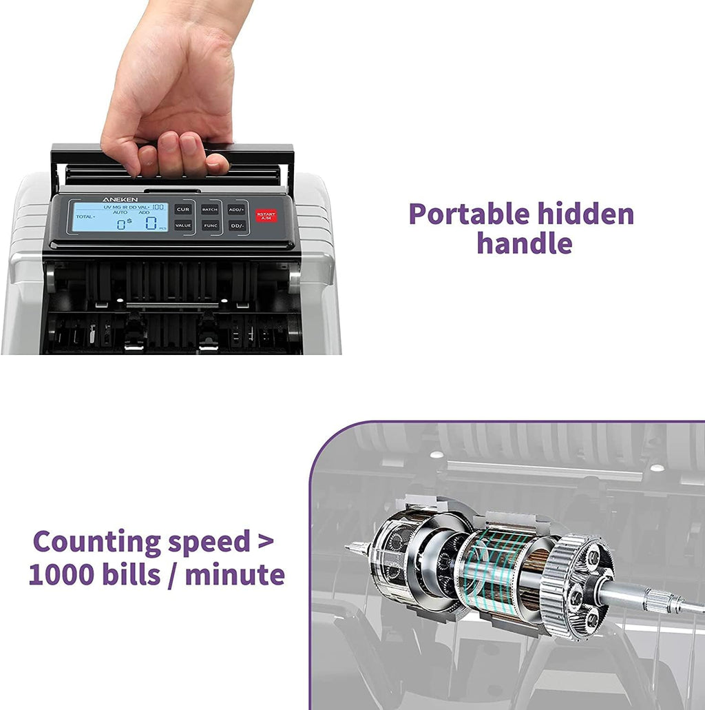 Aneken - Máquina contadora de dinero con conteo de valor, detector de billetes falsificados UV/MG/IR/DD/DBL/HLF/CHN para dólares y euros, modos de añadir y lote, contador de efectivo con pantalla LCD