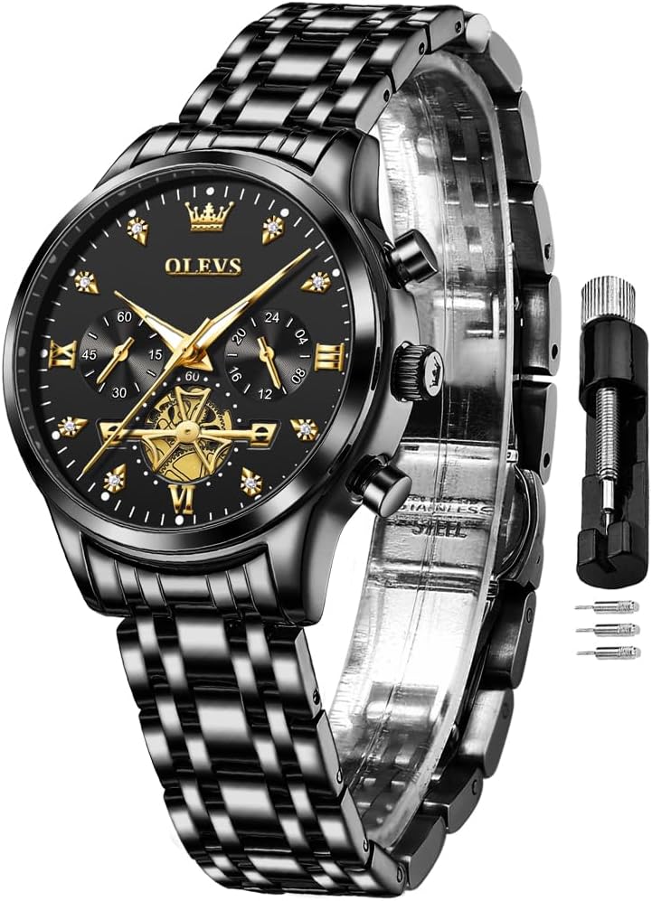 OLEVS Relojes para mujeres de negocios, con diamante, pulsera de acero inoxidable, fecha, impermeable, tono bicolor para mujer