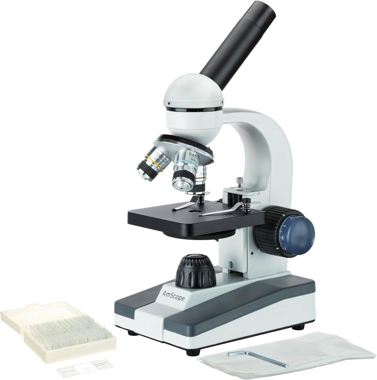 AmScope Serie M150 Microscopio Monocular Compuesto Portátil para Estudiantes - Aumento de 40X-1000X - Cuenta con Luz LED y 25 Diapositivas Preparadas - Tiene Enfoque Grueso y Fino