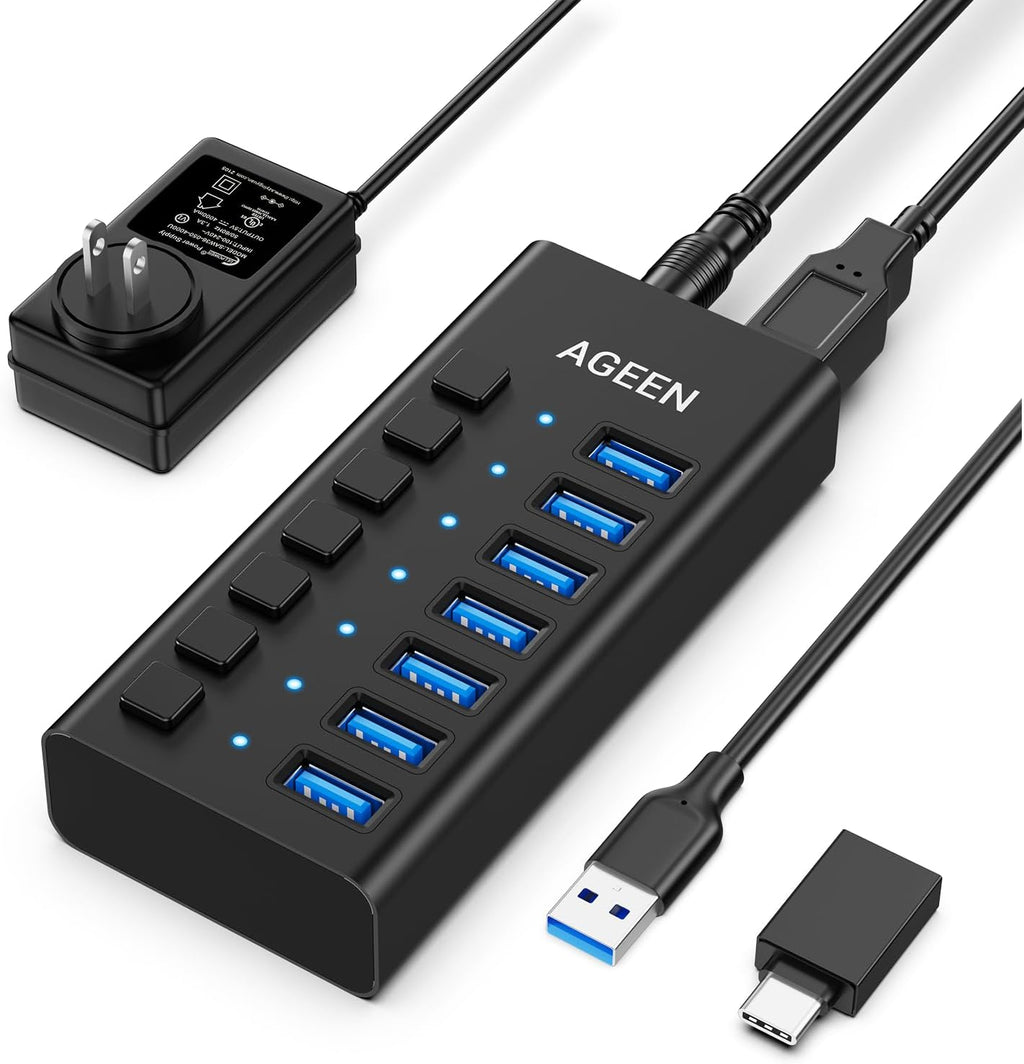 AGEEN, hub USB 3.2 de 7 puertos, alimentado, adaptador 12V/2A