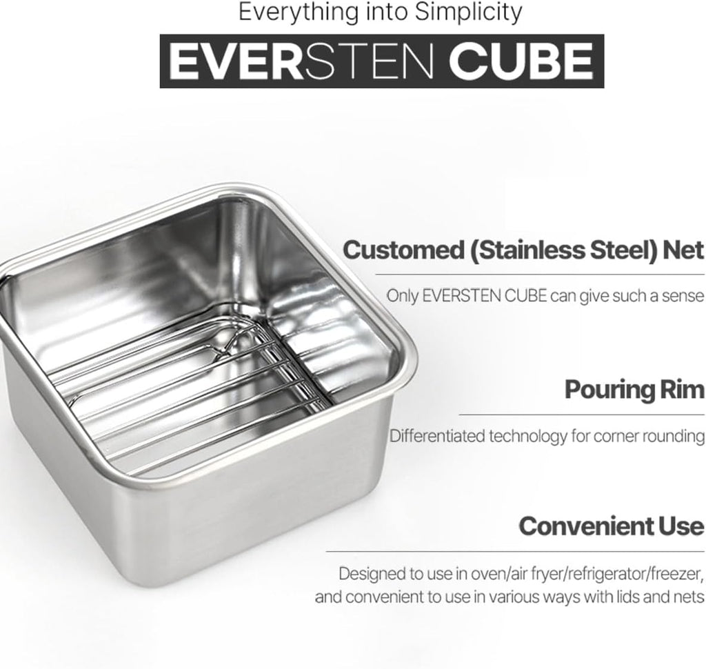 CuBE High 3Pcs Set de Contenedores de Acero Inoxidable para Alimentos con Tapa y 3 Accesorios de Cocina en Red Premium de Corea del Sur, Apto para Lavavajillas