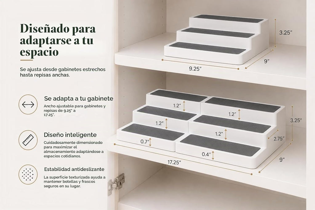 Paquete de 2, organizador de especias expandible de 3 niveles para gabinete y estante de despensa de cocina, estantes antideslizantes para especias, condimentos, alimentos enlatados, organizador de botiquín - Incluye embudos de silicona