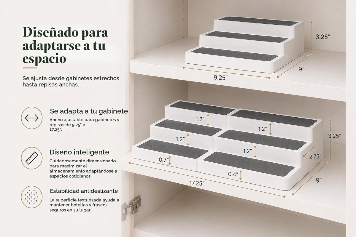 Paquete de 2, organizador de especias expandible de 3 niveles para gabinete y estante de despensa de cocina, estantes antideslizantes para especias, condimentos, alimentos enlatados, organizador de botiquín - Incluye embudos de silicona