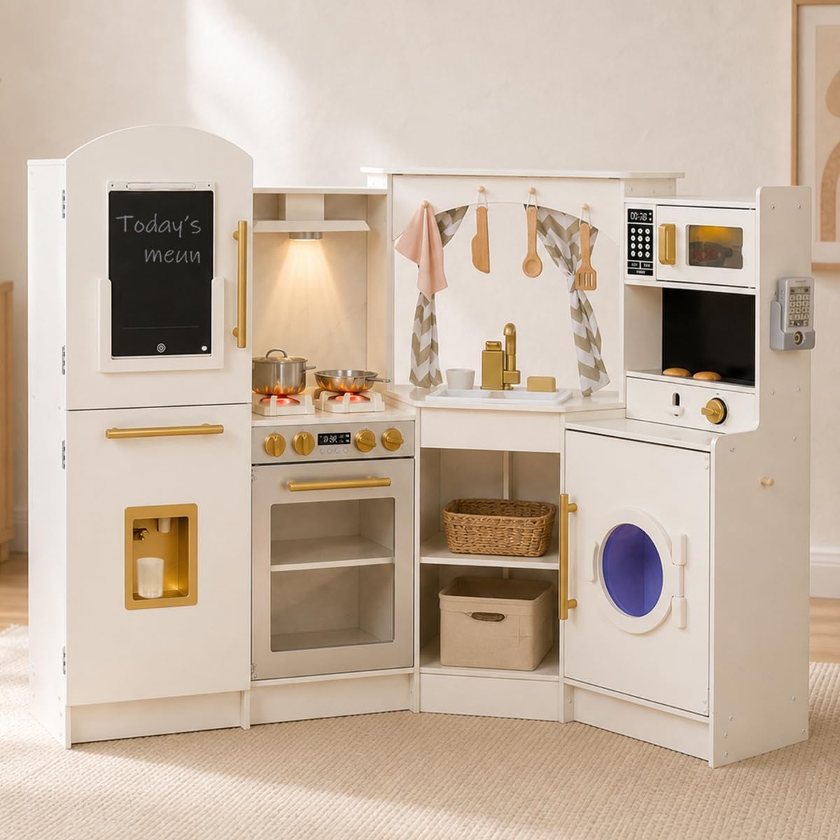 Conjuntos Grandes de Cocina de Madera de Esquina para Jugar con Máquina de Hielo, Dispensador de Agua, Panificadora, Lavadora, Pantalla Electrónica, Fregadero de Juguete con Agua Corriente, Estufa con