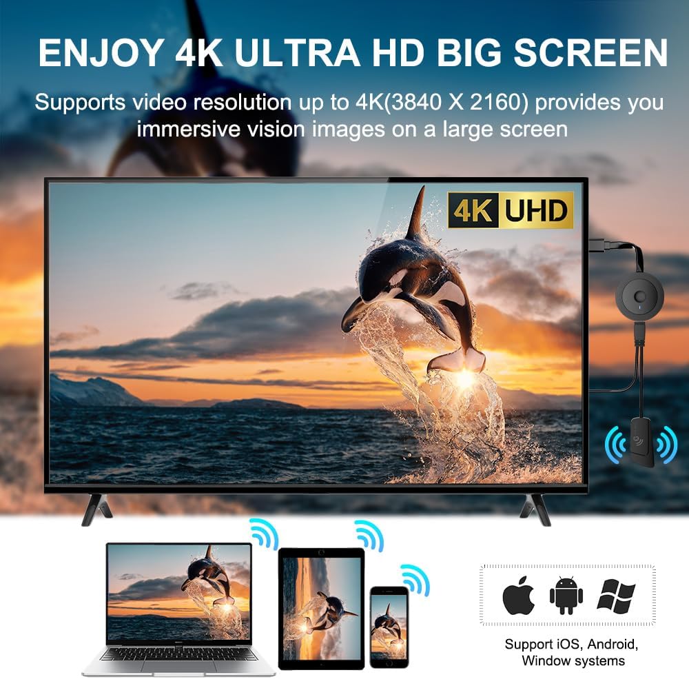Adaptador de pantalla HDMI inalámbrico 4K, SOCLLLife Screen Casting Dongle para i-Phone, Android, portátil, PC a HDTV/proyector/monitor, compatible con Airplay, Miracast, DLNA para películas, videos