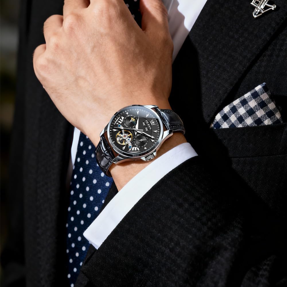 OLEVS - Relojes automáticos para hombre, multicalendario, con fase lunar, 3ATM impermeable, reloj de lujo clásico para negocios, de pulsera