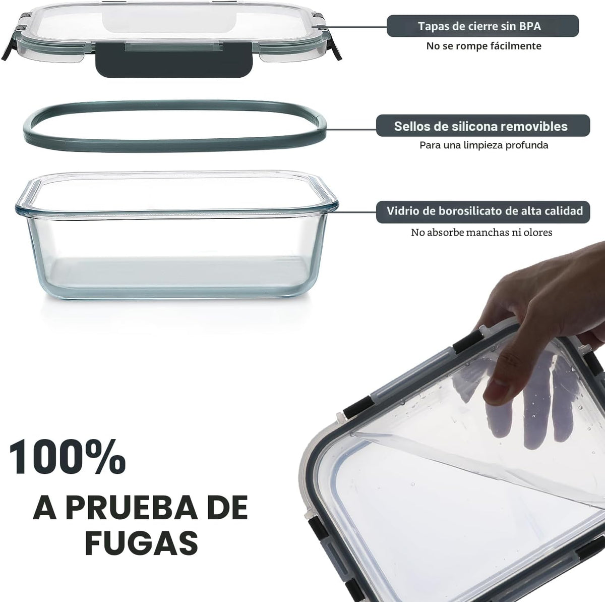 VERONES - Juego de 30 recipientes de vidrio para almacenamiento de alimentos con tapas, color gris