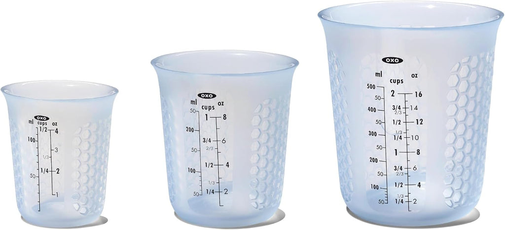 1 taza de medir de silicón para exprimir y verter, con patrón Stay-Cool, de la marca Oxo Good Grips, Juego de 3 piezas, Azul