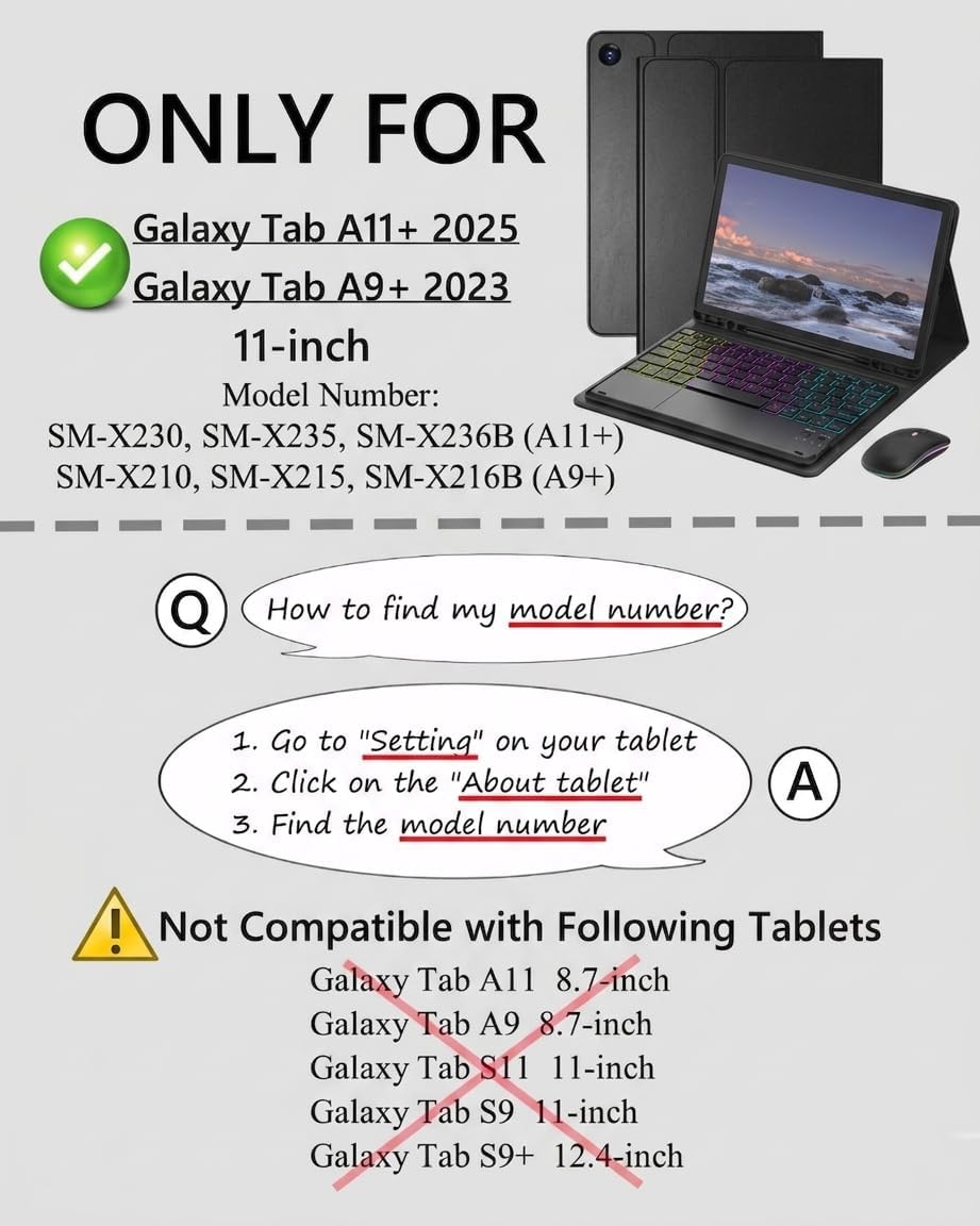 Funda para tablet con teclado para Samsung Galaxy Tab A11+ 5G/A9+ Plus de