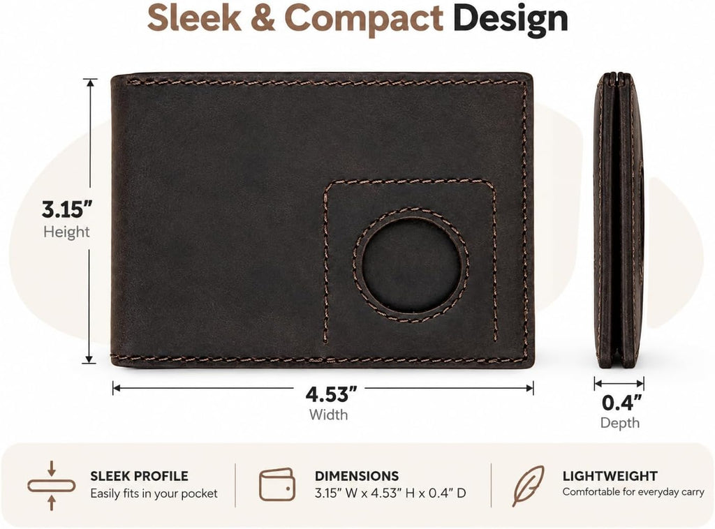 Cartera Bifold de Cuero para Hombres, Bloqueo RFID, Ranura para Tracker (Café Vintage)