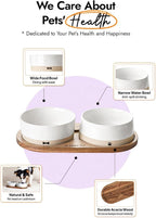 Juego de cuencos de cerámica para perros con bandeja de madera de acacia, cuenco de comida de 3.2 tazas + cuenco de agua de 29 onzas, estación de alimentación antideslizante con peso