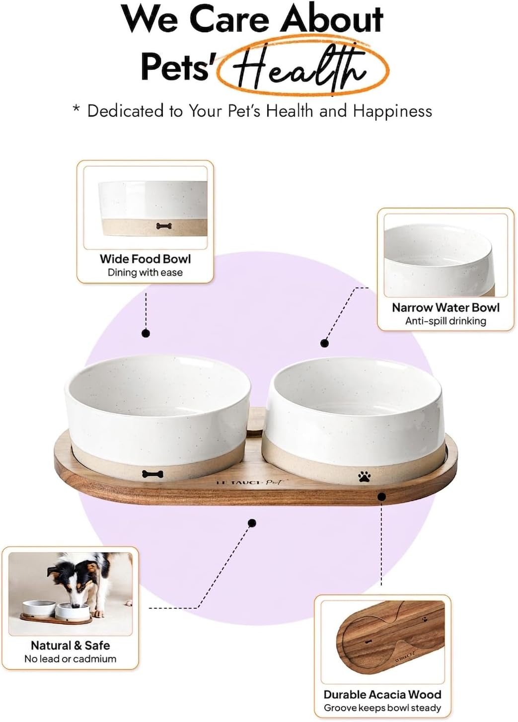Juego de cuencos de cerámica para perros con bandeja de madera de acacia, cuenco de comida de 3.2 tazas + cuenco de agua de 29 onzas, estación de alimentación antideslizante con peso
