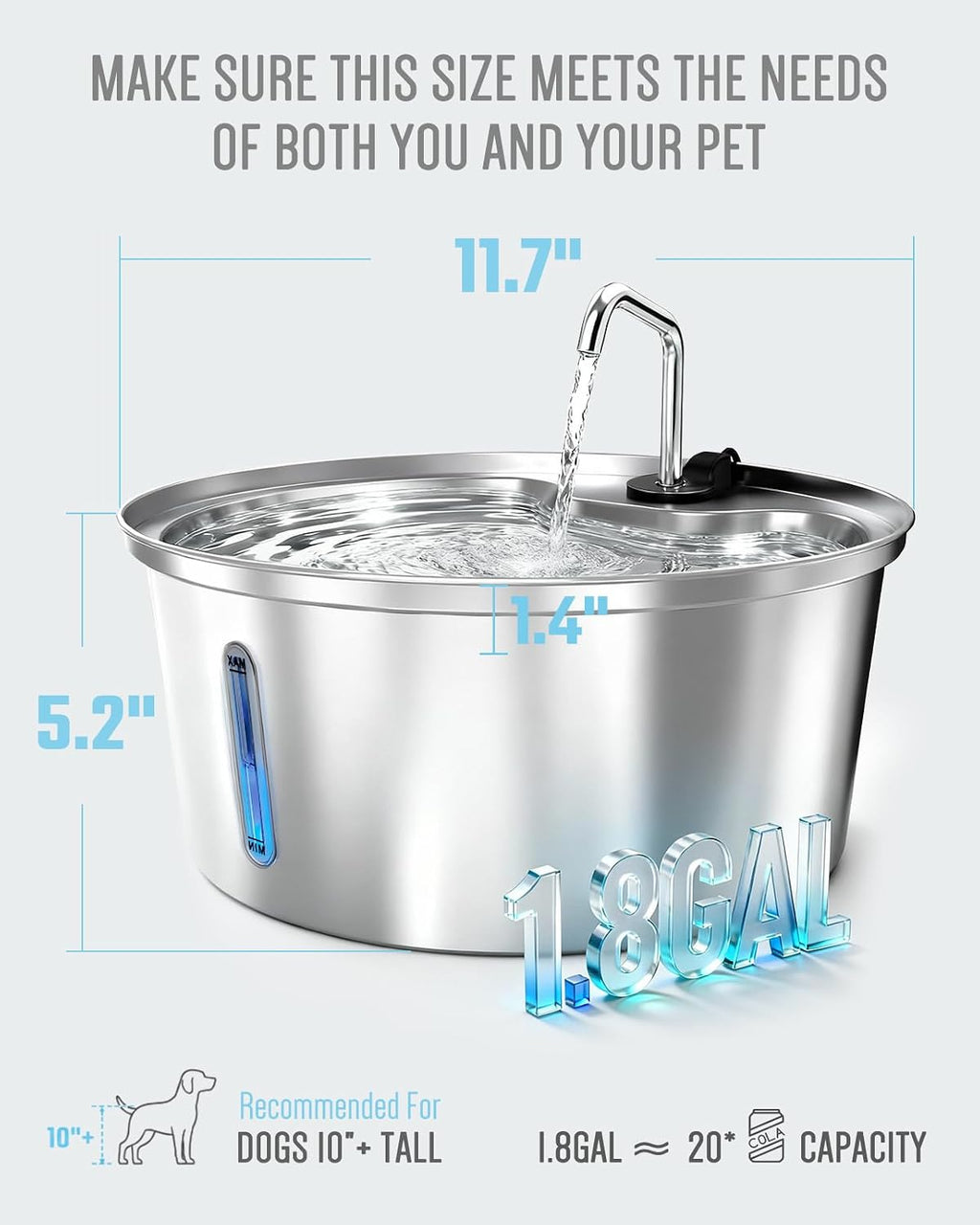 Fuente de agua para perros, 7L/1.8 galones, acero inoxidable 304