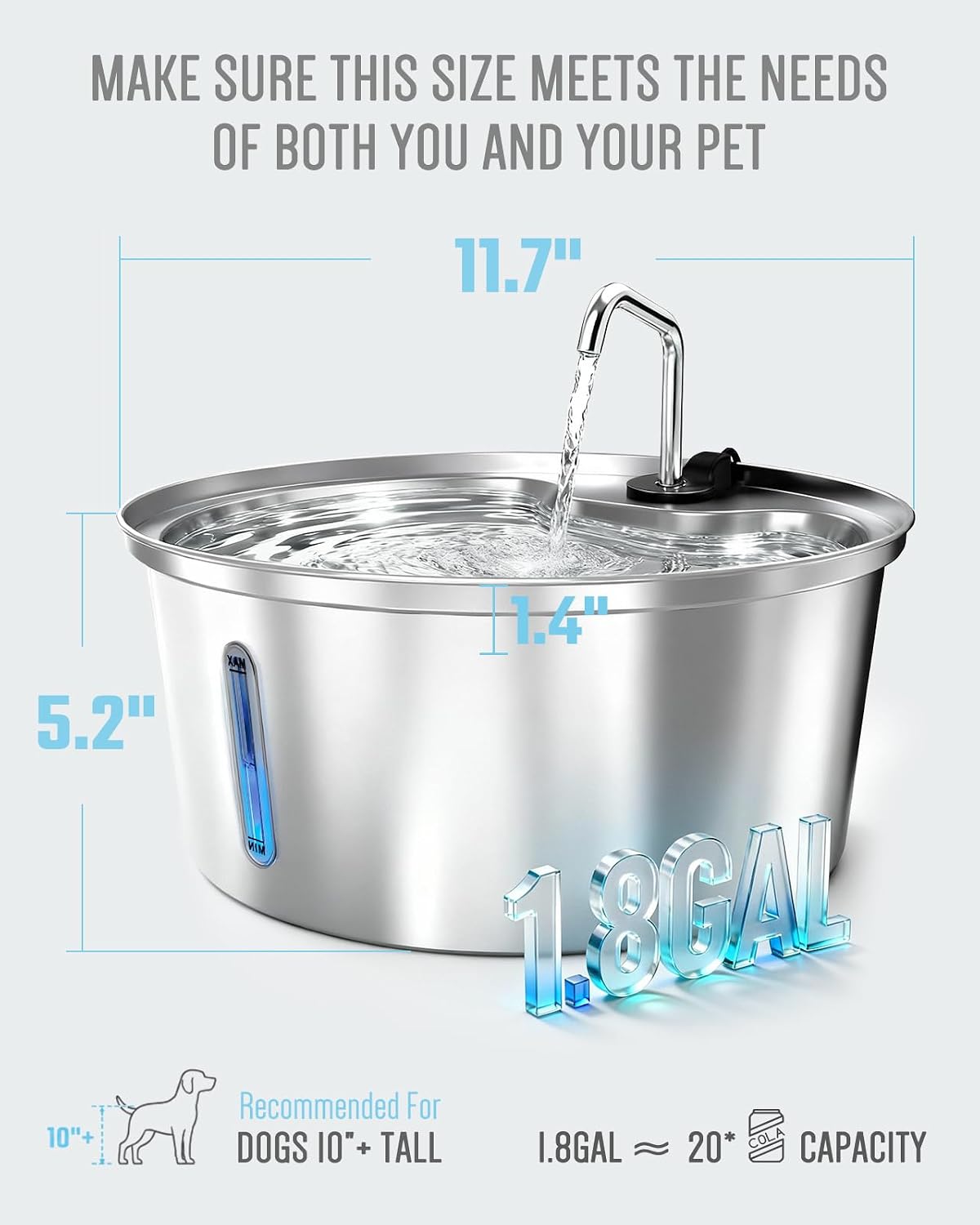 Fuente de agua para perros, 7L/1.8 galones, acero inoxidable 304